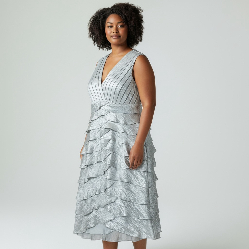 Adrianna Papell Silver Tiered Cocktail Dress Plus 14W NWT